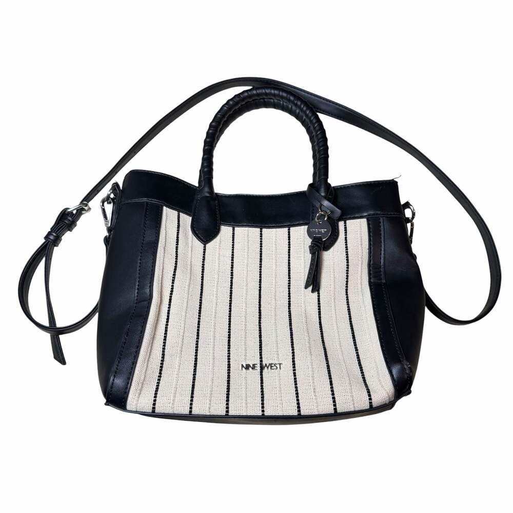 Nine West Black and Cream Striped Canvas Satchel Crossbody Bag